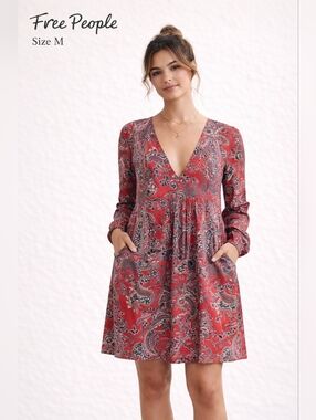 Free People Women Mini Dress Red Paisley Rayon Boho Long Sleeve Size M